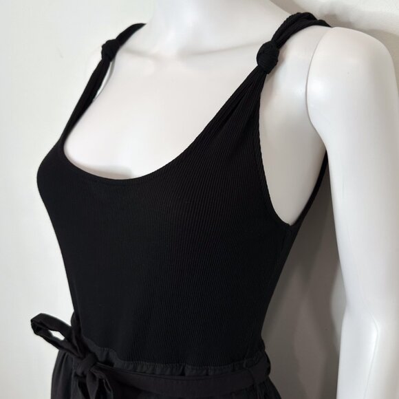 Paige Samosa Ribbed Knit Mixed Media Tiered A-Line Midi Dress in Black Size S - Picture 5 of 15